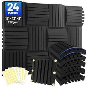 24 Pack Curved Acoustic Foam Panels 3″ x 12″ x 12″ Sound Proof Foam Panels Soundproofing Noise Cancelling Wedge Panels for Home Office Recoding Studio with 150 PCS Double-Side Adhesive