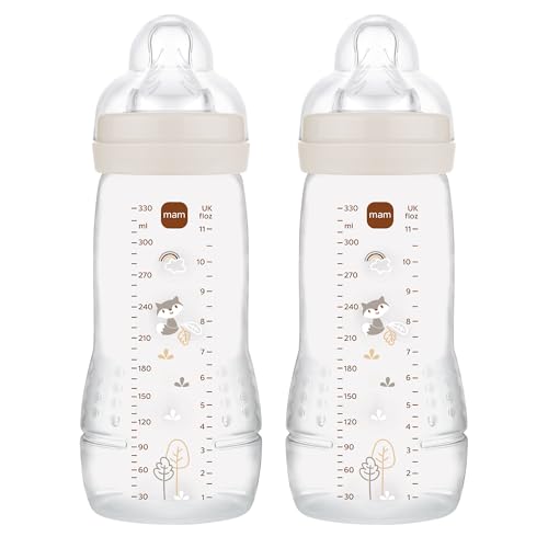 MAM Pack 2 Biberones, a partir de 4 Meses, 330ml, con Tetina 3 de Flujo Rápido de Silicona de Fácil Aceptación, Fácil de Sostener, Fácil de Limpiar, MAM Easy Active, Neutro Brillante, Pack de 2uds