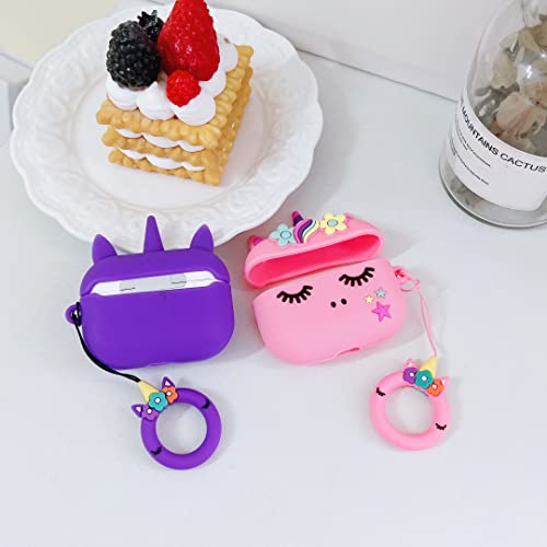 【2 Pack】 3D Pink+Purple Flower Unicorn Case For Airpod Pro/Pro 2Nd,3D Cute Airpod Pro Case For Kids Girls Teens Women,Fashion Kawaii Soft Silicone Case For Airpod Pro 2019/Pro 2Nd 2022 #TOP5