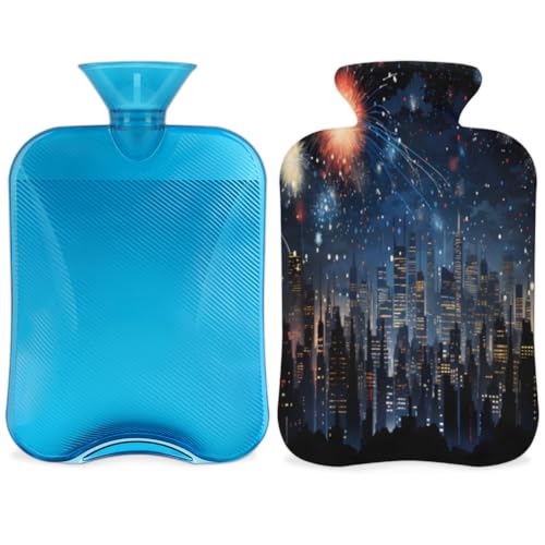 Hot Water Bottle with Soft Cover,2L Night City Hot Water Bag for Hot and Cold Compress, Hand Feet Warmer, Bright City Rubber Hot or Cold Water Bottle Halloween Christmas Decorations