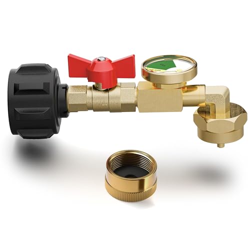 NUPICK Propane Refill Adapter for 1 LB. Tanks, Propane Adapter 20lb to 1lb Converter with Gauge and Valve, Propane Tank Refill Adapter with 90-Degree Elbow Design, Come with Bottle Cap