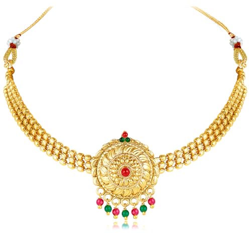 Image of Peora Gold Plated Rani Pink & Green Synthetic Stone Studded Choker Necklace & Dangle Earrings Traditional Jewellery Set for Women & Girls