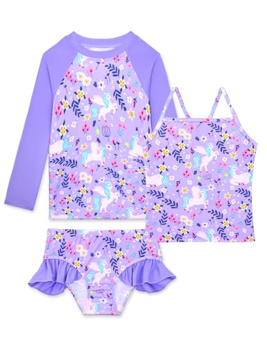 Image of Girls Rash Guard Swimsuit 3 Pieces Long Sleeve UPF50+ Quick Dry Bathing Suit for Toddler 3-12Y