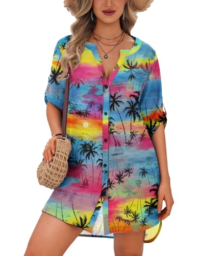 Image of Ekouaer Bathing Suit Cover Up for Women V Neck Button Down Swimsuit Coverup Beach Dress Shirt S-3XL