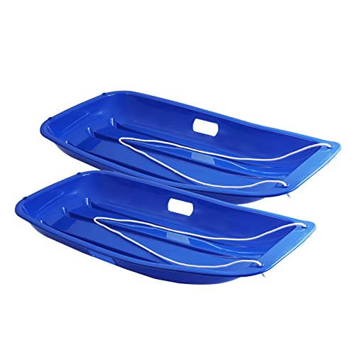 Z ZTDM 2 Packs Plastic Toboggan Snow Sleds for Kids and Adults, Portable Downhill Sledges, Heavy Duty Outdoor Winter Plastic Snow Boards Luge with 2 Handles & Pull Ropes (Blue & Blue)