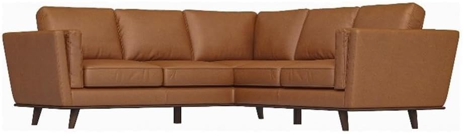 Pemberly Row Genuine Aniline Leather Corner Sectional Sofa, Tan Upholstery, 90" W x 34" H x 35" D, Solid Wood Frame, Walnut Legs, Mid-Century Modern Symmetrical L-Shaped Design for Living Room