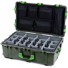 OD Green Pelican 1650 Large Case - With Grey Padded Dividers & Mesh Lid Organizer - Lime Green Handles & Latches.