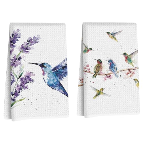 Lovdazzles 2 Pcs Floral Hummingbird Decorative Kitchen Tea Towels, Absorbent Microfiber Dish Hand Towels,Hummingbird Gifts for Women Spring Housewarming Bathroom Kitchen Holiday