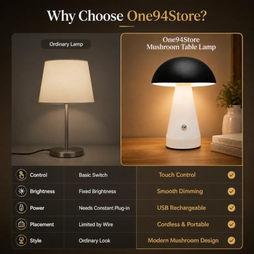 Image of One94Store Mushroom Table Lamp | Touch Control Dimmable Desk Lamp with Warm Light | USB Rechargeable Modern Bedside Lamp for Bedroom & Living Room