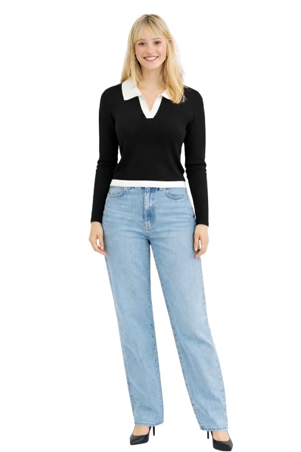 sugarcanne Women Solid Long Sleeve V-Neck Top with Contrast Collar | Casual & Office Wear | Soft Stretch Fabric | Sizes XS-L-picture-42