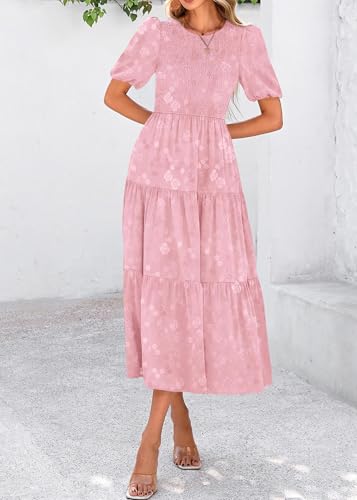 Image of KIRUNDO Womens Summer Dresses Wedding Guest Floral Midi Sundress Short Puff Sleeve Flowy A Line Smocked Tiered Boho Dress