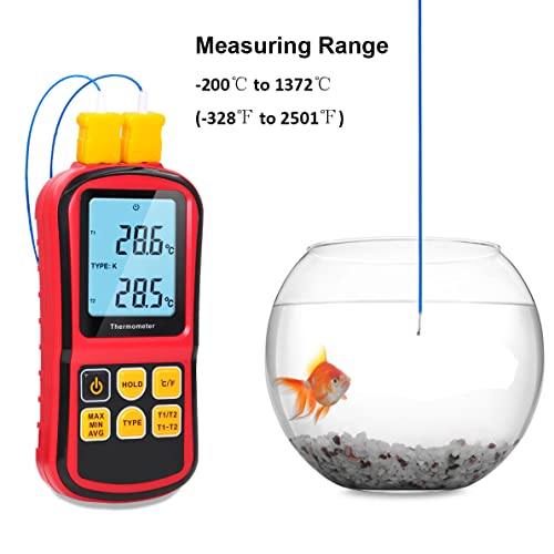 Mengshen Digital Thermometer, 2-Channel K-Type Thermocouple Probe Sensor Temperature Meter Gauge for K/J/T/E/R/N/S Type, -200℃ to 1372℃ (-328℉ to 2501℉)