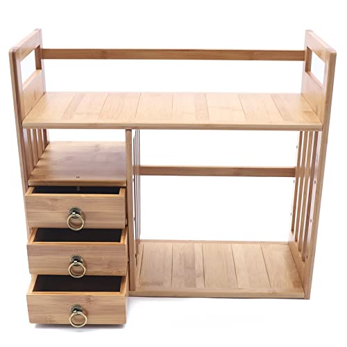 Monipa Desktop Shelves & Office Shelves Desk Hutch Top Only Bamboo Desktop Bookshelf Counter Top Bookcase Adjustable With 2 Drawers, Desk Storage Organizer Display Shelf Rack For Office Supplies #TOP4