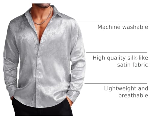 COOFANDY Men's Long Sleeve Dress Shirts Floral Rose Printed Button Down Shirts Party Wedding Prom Shirts, Silver Gray Large by COOFANDY - Used condition - US$24.08