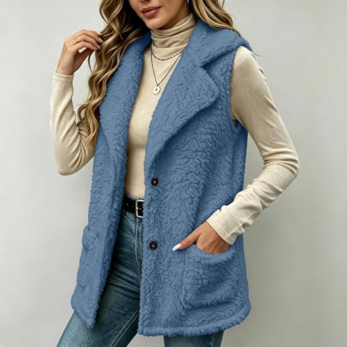 Aymnlox Vest for Women Fleece Fuzzy Sleeveless Lapel Jacket Button Down - image 5
