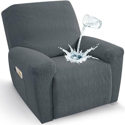 Image of ZNSAYOTX 100% Waterproof Recliner Chair Covers, 3-Piece Stretch Fit Recliner Slipcovers with Buckle & Elastic Band for Lazy Boy, Stay in Place, Soft Plaid Jacquard Protector (Large, Dark Grey)