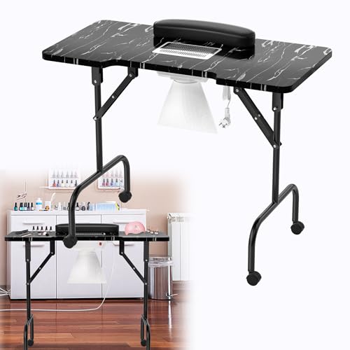 HENGMEI Maniküretisch Faltbar Nageltisch mit Absaugung Mobiler Maniküre Einbau Staubabsaugung Tragbaresmanikürtisch Mobilesmanikürtisch Tisch mit Rollen und Handgelenkkissen, Schwarz