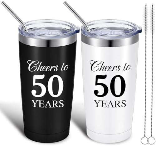 2 Pcs Cheers to 50 Years Wine Tumblers 50th Anniversary Wedding Gifts for Wife Husband Parents Couple 50th Birthday Party Decorations Gifts for Men Women 20 oz Tumblers with Lids and Gift Box