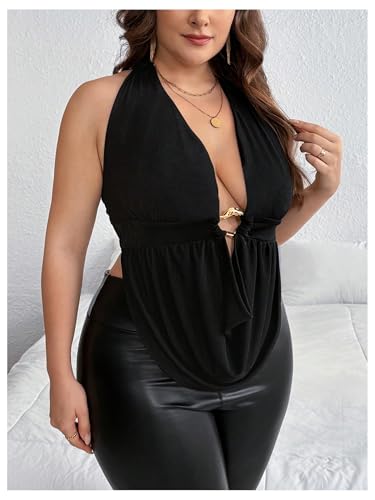 OYOANGLE Women's Plus Size Metal Ring Linked Plunge Neck Halter Crop Top Open Back Ruched Party Tops3