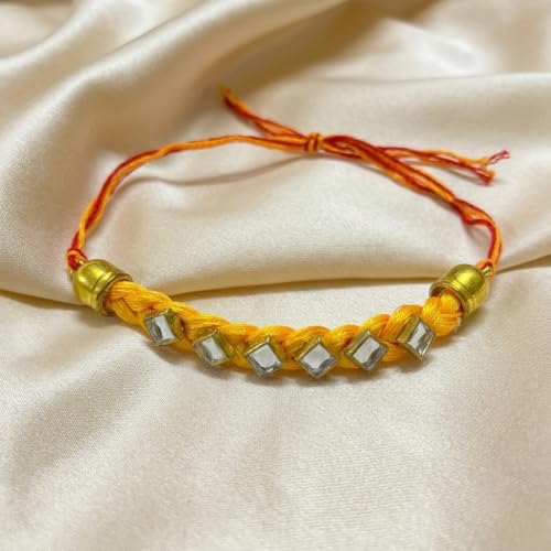 Image of Designer Stone Kundan Work Rakhi for Brother with Roli Chawal Pack Elegant Yellow Braided Thread Traditional Raksha Bandhan Rakhi Gift for Bhaiya #Kundan-4