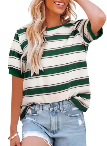 Cuptacc Tshirt Damen 2026 Mode Rundhals Basic Farbblock Kurzarm Bluse Sommer Bunt Gestreiftes Locker Vintage Baumwolle Tunika Damen Weiß Grün L Groß