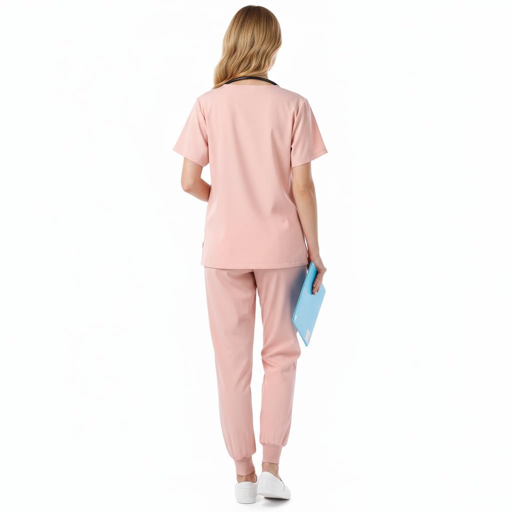 Conjunto de uniformes de enfermera para mujer Cuello redondo elástico Top Secado rápido Drawstring Yoga Jogging Pantalones Slim Fit Médico Ropa de trabajo DK53