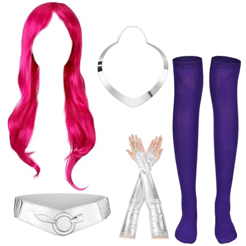 Maiteenly 5 Pcs Halloween Costume Accessories Includes Hot Pink Wig Purple Thigh High Stockings Silver Wide Elastic Waist Belt Holographic Metallic Gloves and High Polished Love Choker