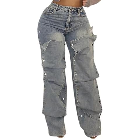 DINGANG Women's High Waisted Baggy Jeans Straight Leg Distressed Detachable Patchwork Loose Stretchy Trendy Denim Pants Blue Cover