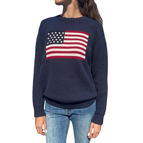 Image of Womens American Flag Sweater Long Sleeve Crew Neck Star Graphic Knit Pullover Tops Casual Loose USA Sweater