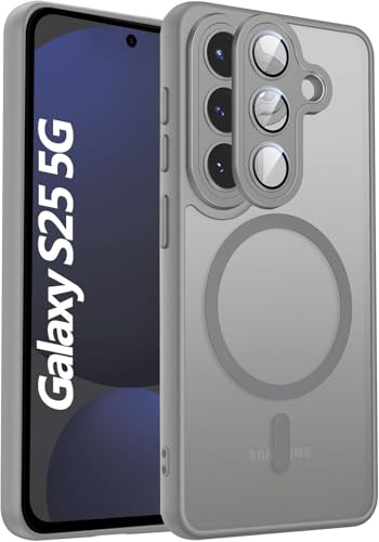 Elzzi Magnetic for Samsung S25 5g Case, Upgraded [Full Camera Protection] [Compatible with Magsafe] [Translucent Matte] Shockproof Protective Phone Case for Men & Women - Grey