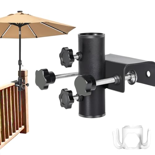 Sonnenschirmhalter Balkonschirmhalter, Robuste Metall Halterung für Balkongeländer, Gartenzaun & Terrassendielen, Einstellbar Klemmbereich (20-63 mm), Für Schirmstangendurchmesser 23-38 mm, Schwarz