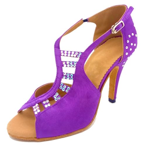 Chaussures de danse pour femme en satin violet avec talon de 10cm et strass pointure 35