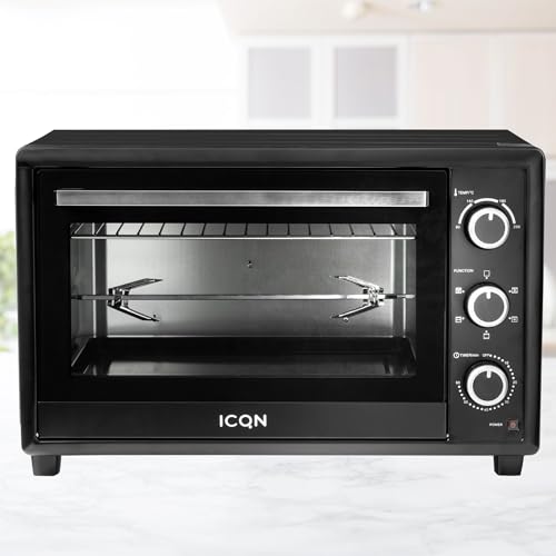 ICQN 50L Minibackofen mit Umluft, 1800 W, Drehspieß, Innenbeleuchtung, Pizzaofen, 60 Min Timer, inkl. Backblech Set, Mini-Ofen