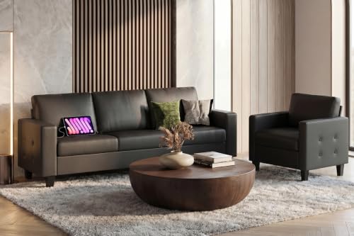 Image of STHOUYN Black Faux Leather 3 Seater Sofa and Accent Chair Set (3+1)