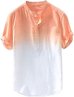 Mens Baggy Gradient Color Henley T Shirt Short Sleeve Casual Lightweight Collarless Grandad Button Shirts Breathable Summer Lounge Tops Blouse Orange XXL
