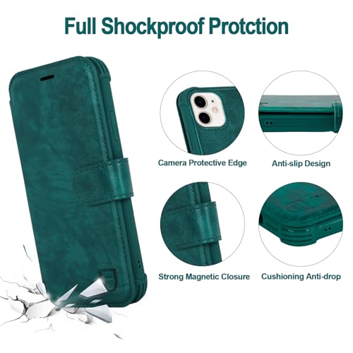VANAVAGY Compatible for iPhone 11 Wallet Case for Women Men, PU Leather Flip Phone Cover with Wrist Strap for Wireless Charging with RFID Blocking Card Holder Screen Protector,Midnight Green by VANAVAGY - Used condition - Image 3