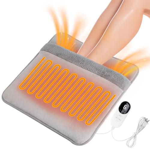Double Sided Electric Foot Warmer with LCD Display, 6 Heat Settings & 3 Timer, Fast Heating Feet Heating Pad with Auto Shut Off, Non-Slip & Machine Washable Plush, Under Desk for Office/Home/Bed-Gray