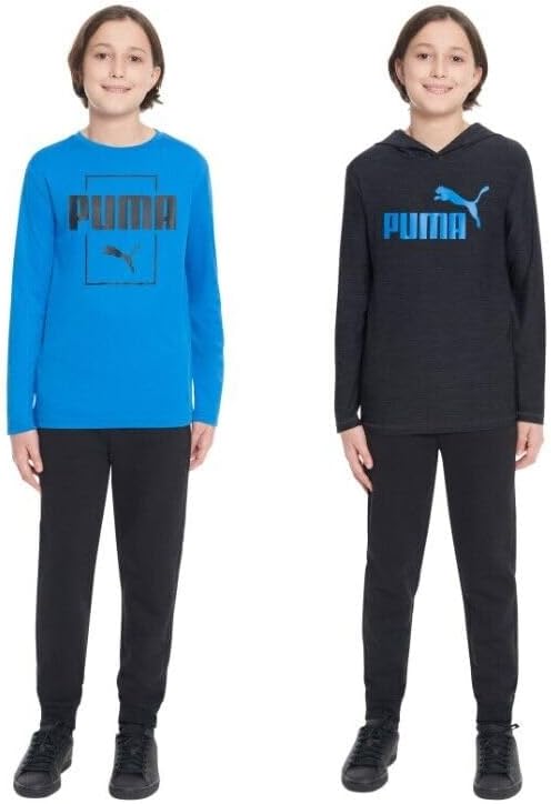 PUMA Boys Long Sleeve Tees, 2 Pack, 1 Regular, 1 Hooded (US, Alpha, Large, Regular, Black/Blue)