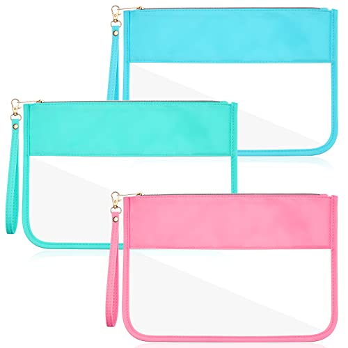 Sanwuta 3 Pcs Clear Zipper Pouches - Nylon Makeup Bags Cosmetic Travel Toiletry with Zipper, Preppy PVC Flat Pouch for Women Girls(Pink, Green, Blue)