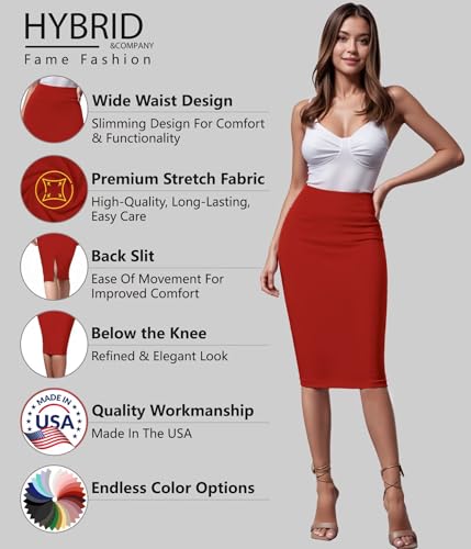 Image of Hybrid & Company Women's Premium Nylon Ponte Stretch High Waist Pencil Suit Skirt Below Knee