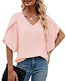 Funlingo Women's 3/4 Ruffled Sleeve Tops Dressy Casual Summer Chiffon Blouses Flowy Loose V Neck Shi