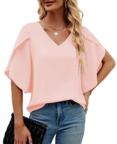 Funlingo Women's 3/4 Ruffled Sleeve Tops Dressy Casual Summer Chiffon Blouses Flowy Loose V Neck Shirts Pink X-Large #TOP6