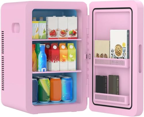 MoraRise Mini Fridge 22L/30 Cans Portable Cooler & Warmer Mini Fridge for Bedrooms with Adjustable Shelves AC+12V DC Small Fridges for Office Car Travel Cosmetics Skincare & Drinks (Pink)