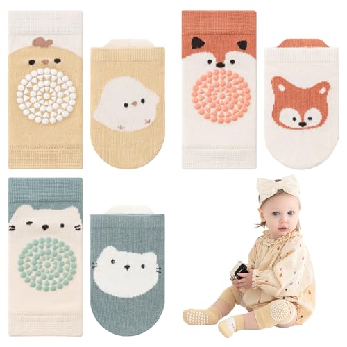 Dmrbiy 3 Paar Knieschoner Baby Krabbeln und 3 Paar Krabbelsocken Baby Set Rutschesocken Kleinkind Niedliche Tiermotive Rutschfestes Silikondesign Geeignet für Babys Im Alter Von 0-1 Jahren