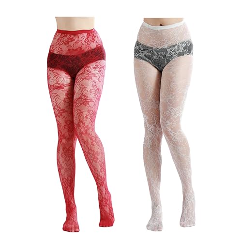 VIGUEUR Lace Tights - Lace Stockings for Women, Leggings Floral Pantyhose (White, Red)