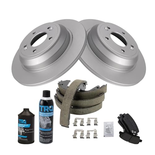Image of TRQ Rear Brake Pad & Rotor Kit, with Chemical Kit Parking Brake Shoe Set Ceramic Premium G-Coated Compatible with 2009 Hyundai Genesis