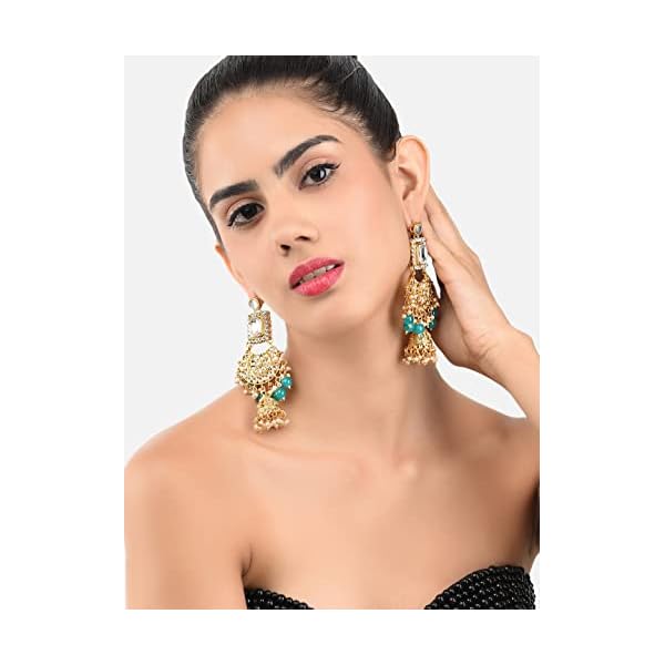 ZAVERI PEARLS Base Metal Mesmerising Long Kundan Jhumki Earring for Women (ZPFK9133, Gold, Green) - Image 7