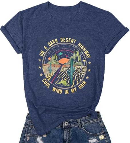 Outdoor Adventure Outfit Sunrise Camping Tops Athletic Tees Road Trip Desert Highway Loose Fit Graphic Tee Sunset Cowgirl Tops, Navy Blue XL