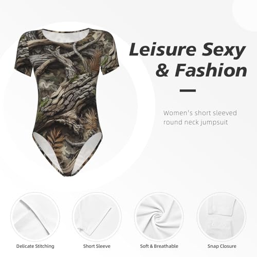 Tree-Bark-Branches-Camo Women's Short-Sleeve Round Neck One-Piece Swimsuit2