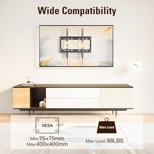Image of Mounting Dream Tilting TV Mounts for Most 26-60 Inch LED, LCD TVs up to VESA 400 x 400mm and 88 LBS Loading Capacity, TV Wall Mount with Unique Strap Design for Easily Lock and Release MD2268-MK